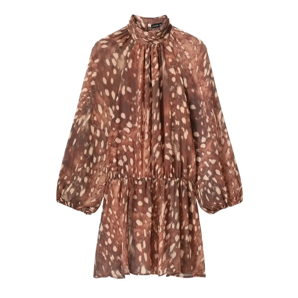 Animal print high neck puff sleeve mini dress, front flat lay