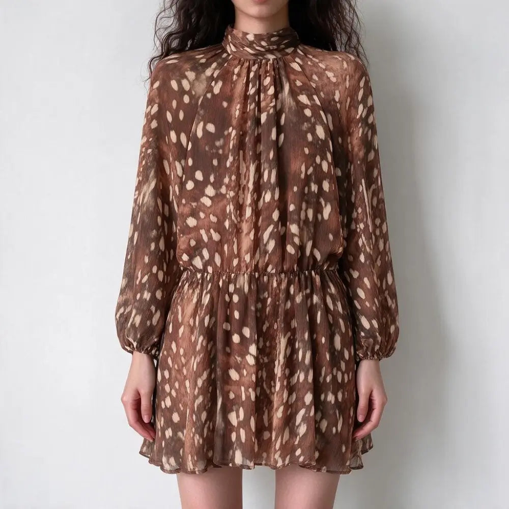 Model wearing brown animal print high neck puff sleeve mini dress, front view