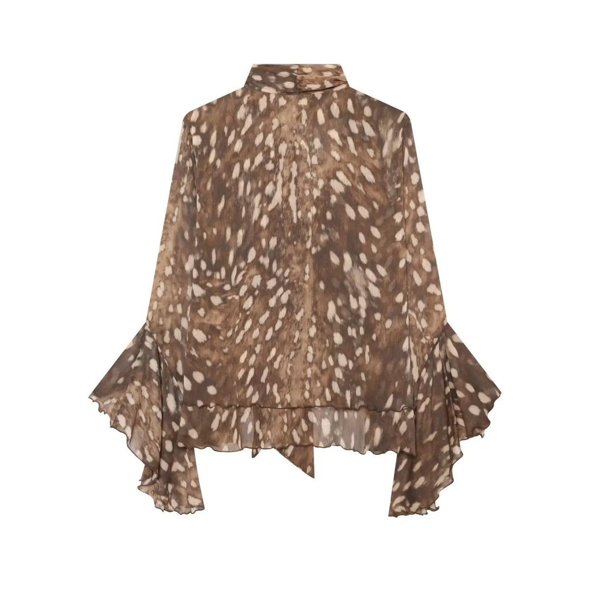 Back flat lay of animal print tie neck ruffle blouse