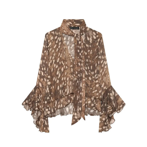 Front flat lay of animal print tie neck ruffle blouse