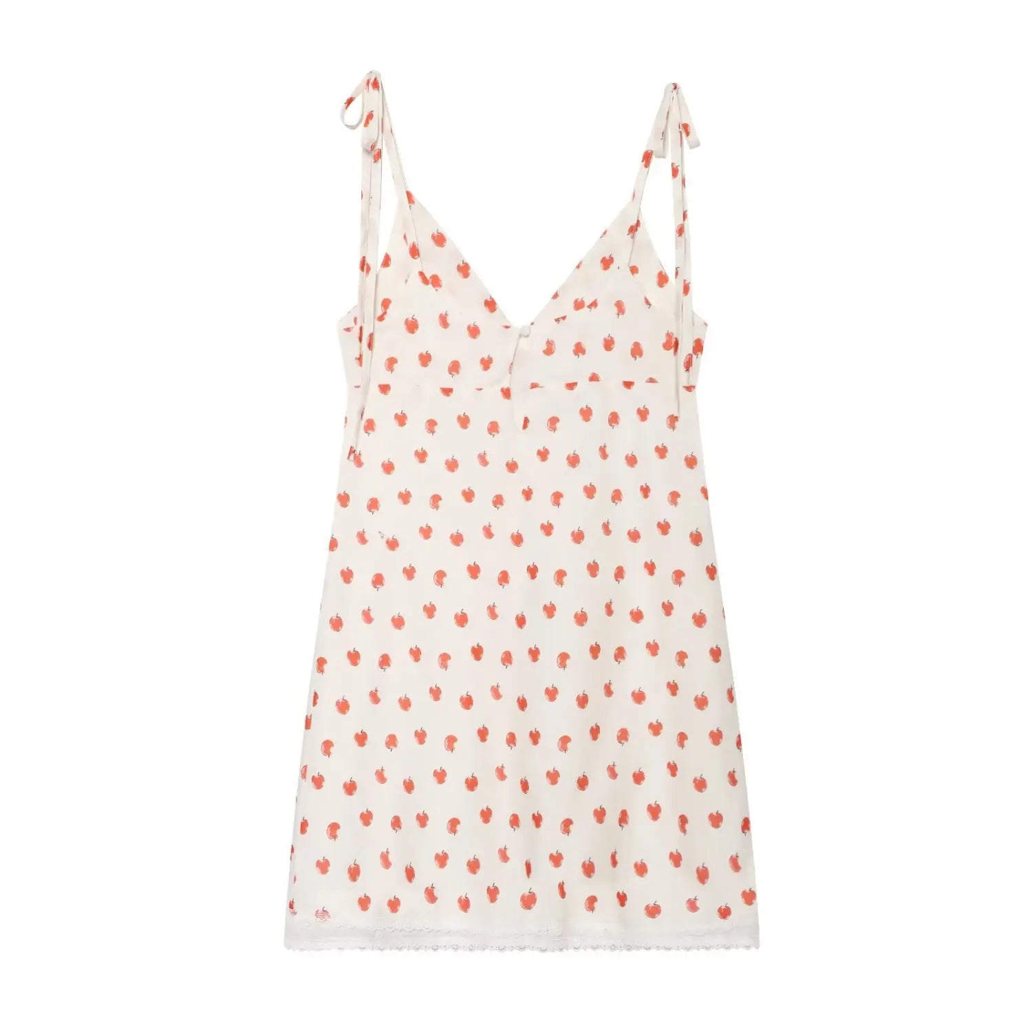 Apple print slip nightdress full back plain white flat lay, single decorative back button one-piece smooth back matching print tie straps loungewear back shot