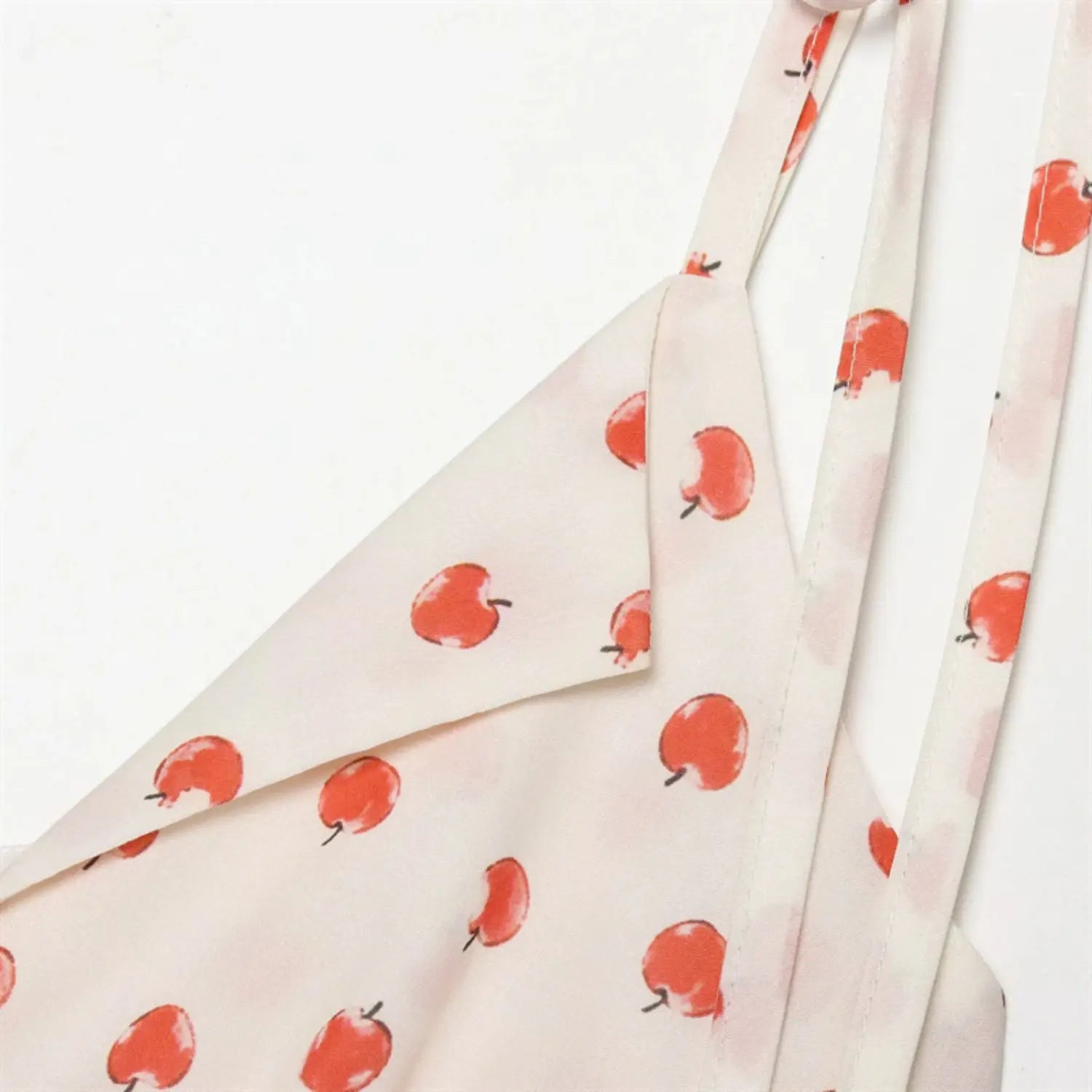 Partial shoulder folded lapel V neck closeup, thin tie strap outline, clear watercolor red apple print texture