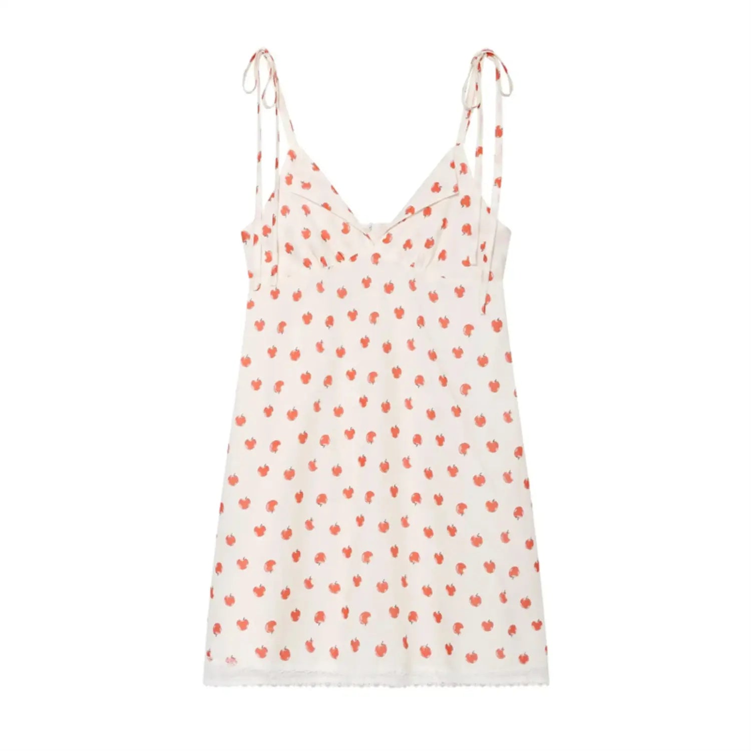 Full front flat lay white red apple print mini slip dress, self tie ribbon thin straps, deep V neck, back keyhole button, full fruit print, lace trimmed hem, slim short A-line silhouette