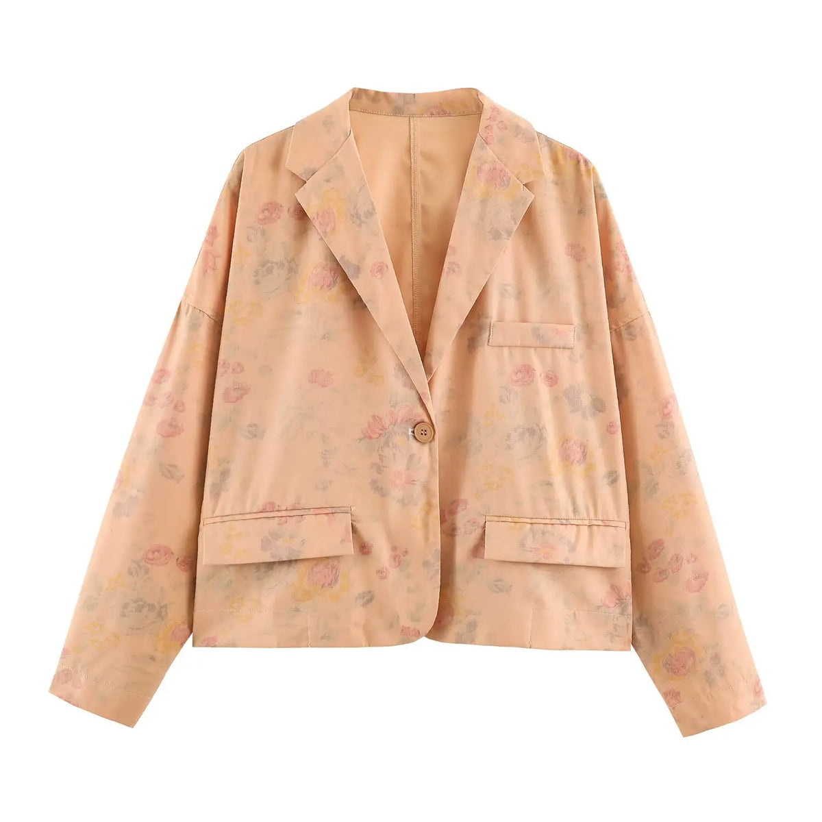 Front flat lay of apricot watercolor floral print cropped blazer