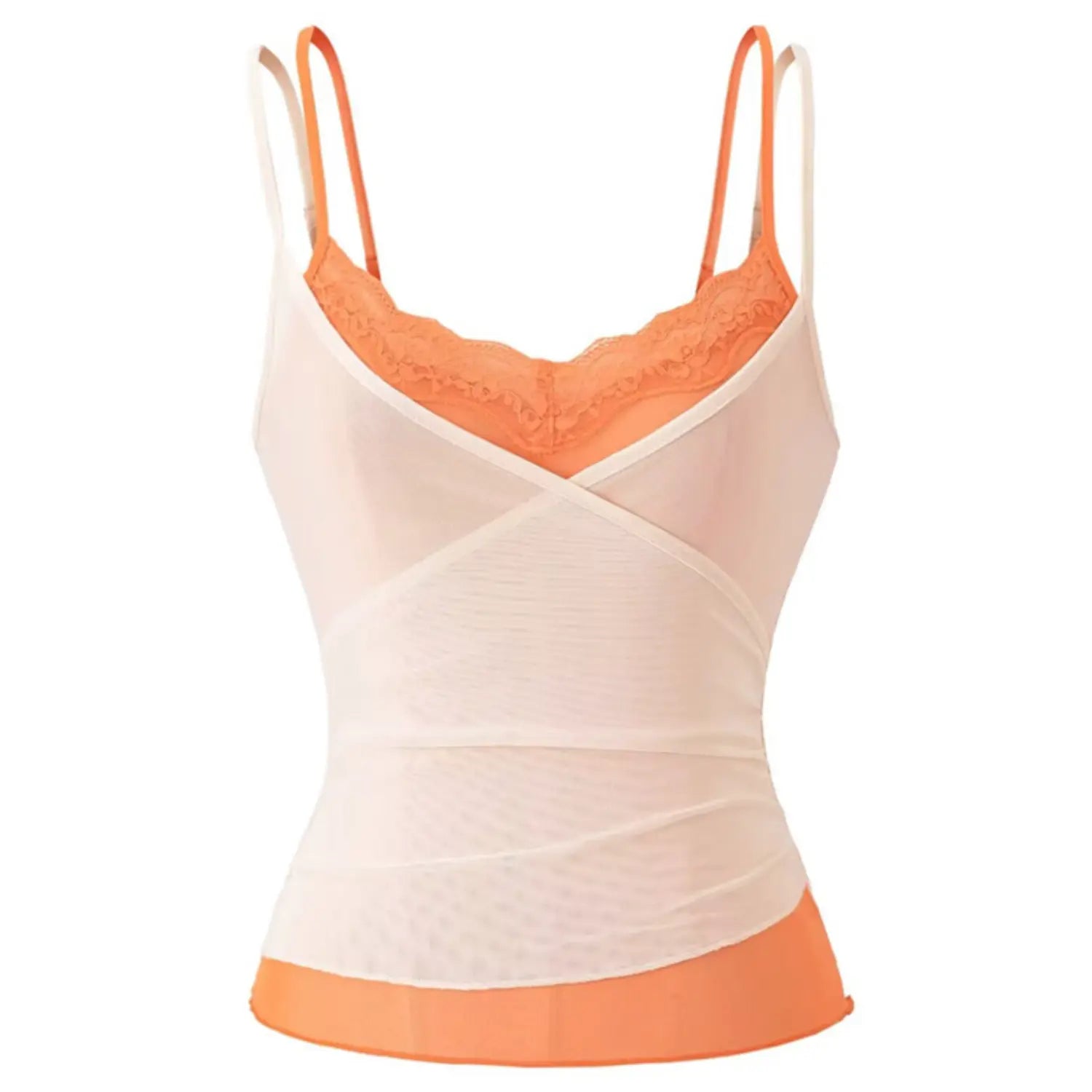 Apricot outer orange inner lace lined mesh cami front plain white render shot, double color block wrap V neck adjustable dual thin straps ruched waist cropped cami single main shot