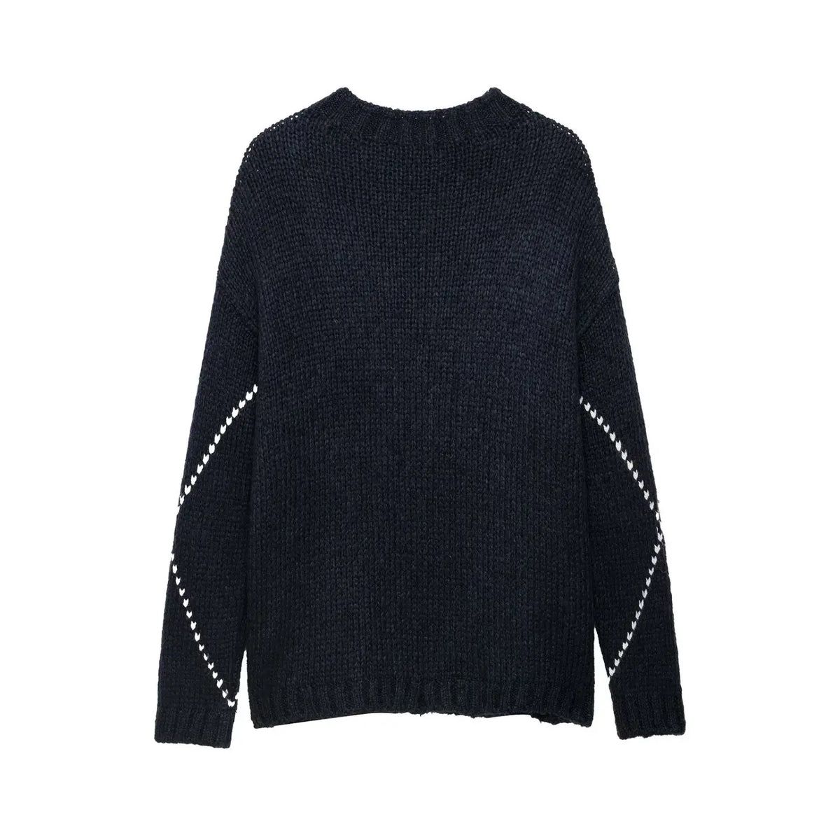Back flat lay of argyle chunky knit crew neck sweater