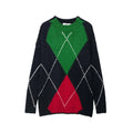 Front flat lay of argyle chunky knit crew neck sweater