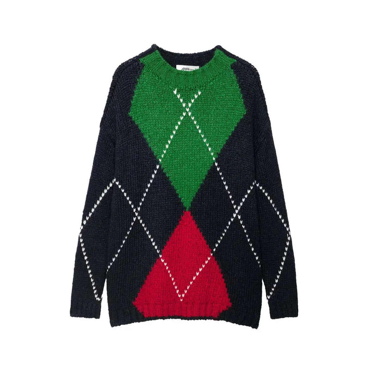 Front flat lay of argyle chunky knit crew neck sweater