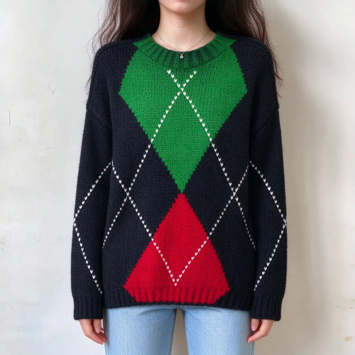 Model wearing argyle chunky knit crew neck sweater, front view