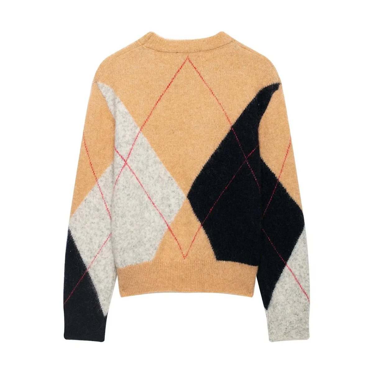 Argyle crew neck brushed knit sweater, back flat lay