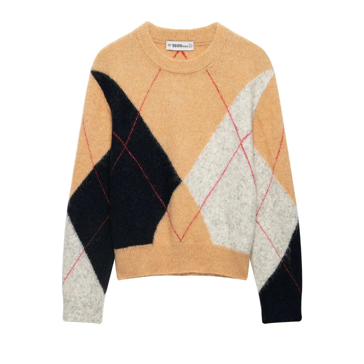 Argyle crew neck brushed knit sweater, front flat lay