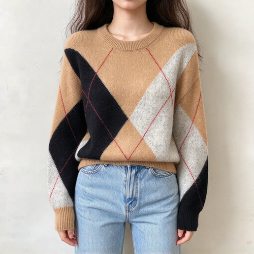Model wearing camel argyle crew neck brushed knit sweater, front view