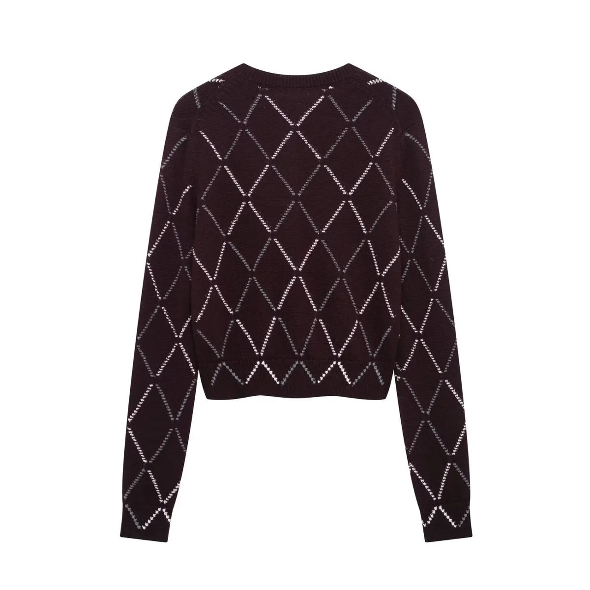 Back flat lay of argyle diamond cropped cardigan
