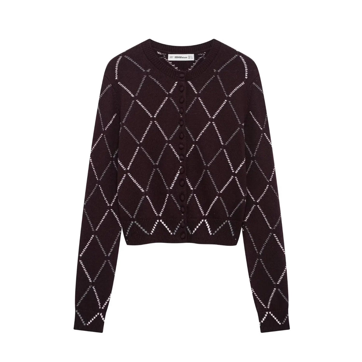 Front flat lay of argyle diamond cropped cardigan