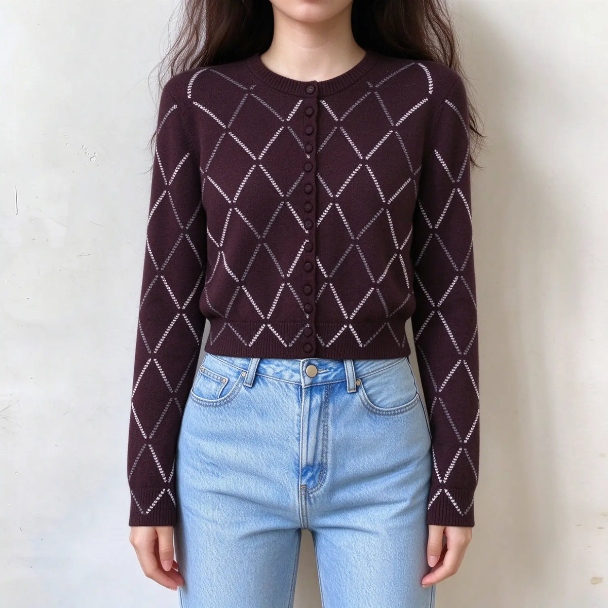 Model wearing argyle diamond cropped cardigan, front view