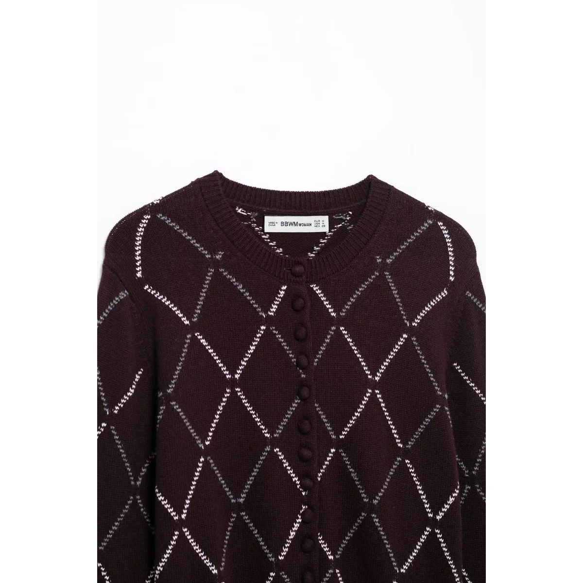 Close-up of crew neck and button placket