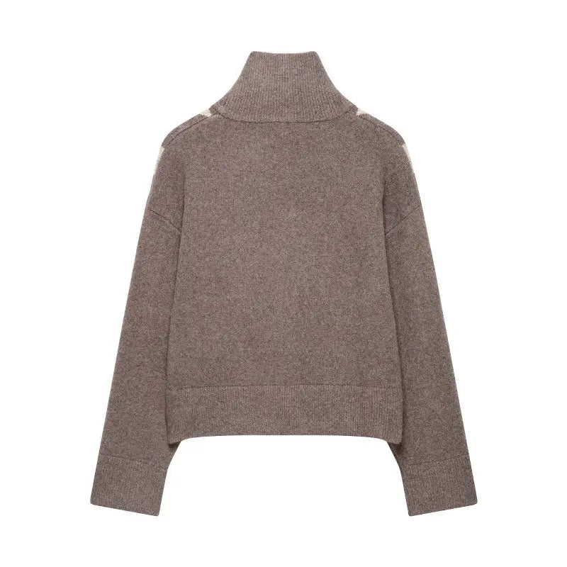 Argyle full zip high neck cardigan, back flat lay