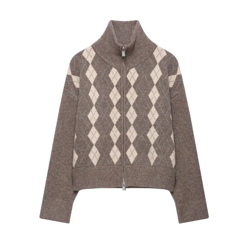 Argyle full zip high neck cardigan, front flat lay