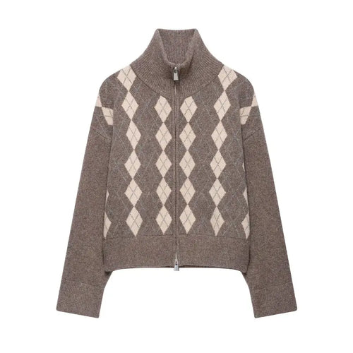 Argyle full zip high neck cardigan, front flat lay