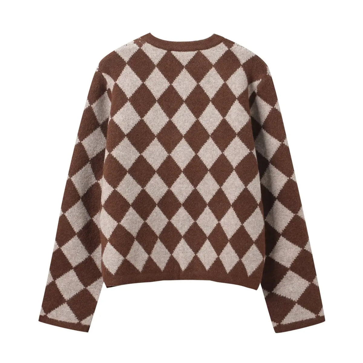 Back flat lay of argyle heart button cropped cardigan