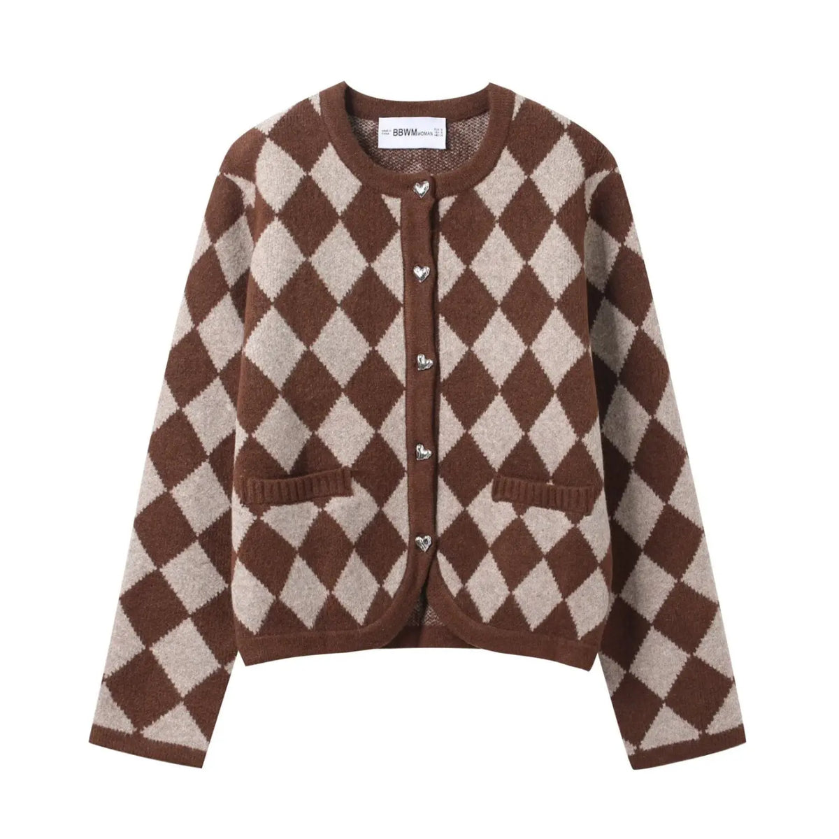 Front flat lay of argyle heart button cropped cardigan