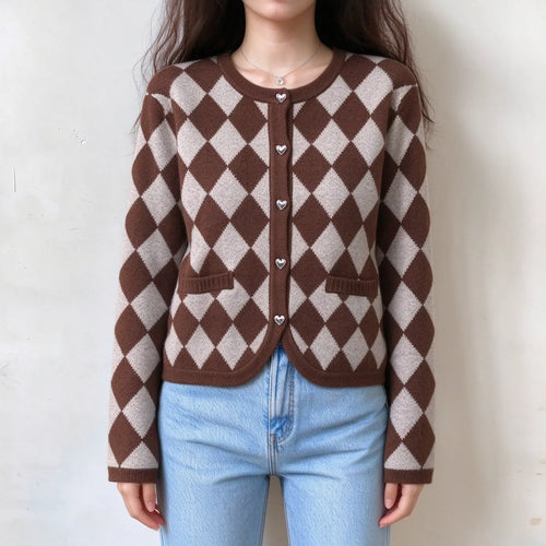 Model wearing argyle heart button cropped cardigan, front view