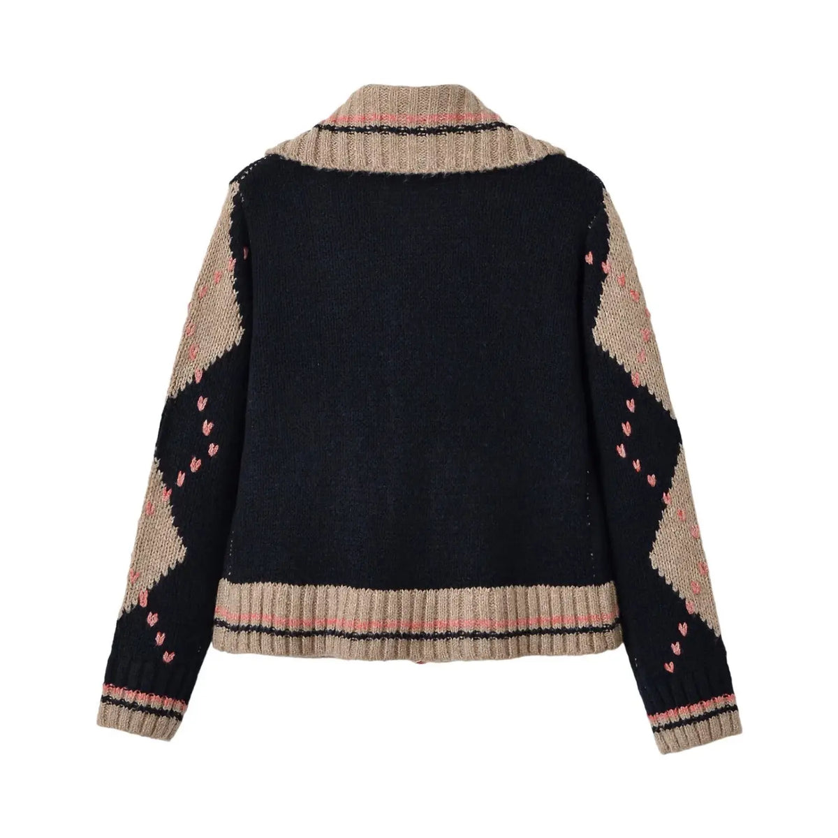 Argyle heart print zip front collar cardigan, back flat lay