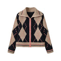 Argyle heart print zip front collar cardigan, front flat lay