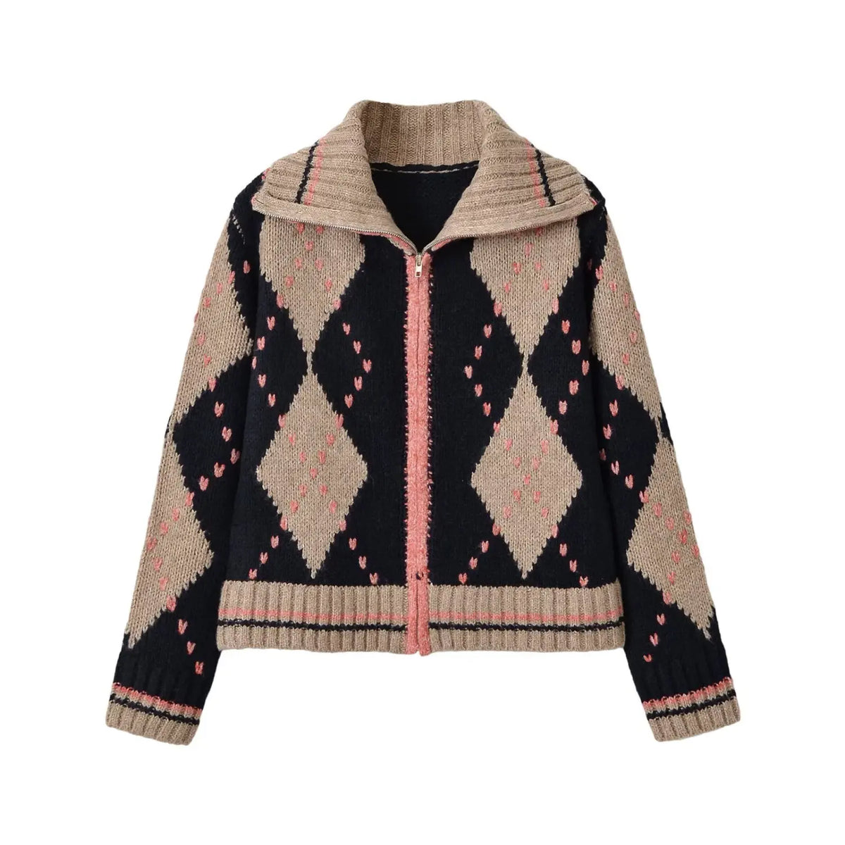 Argyle heart print zip front collar cardigan, front flat lay