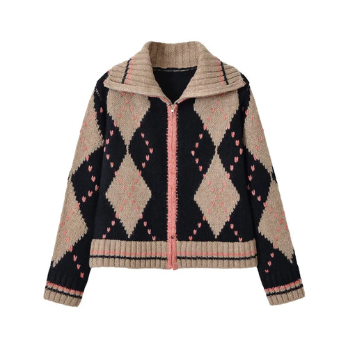 Argyle heart print zip front collar cardigan, front flat lay