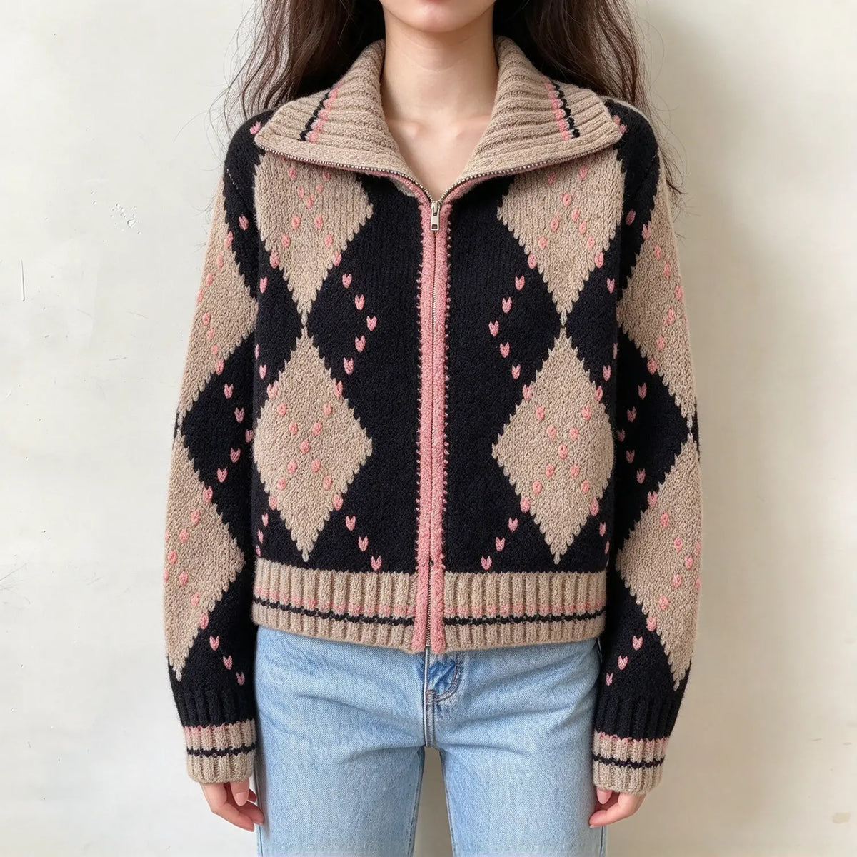 Model wearing argyle heart print zip front collar cardigan with jeans, front view