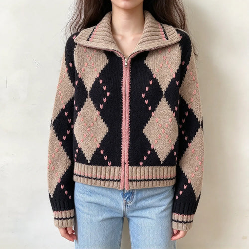 Model wearing argyle heart print zip front collar cardigan with jeans, front view
