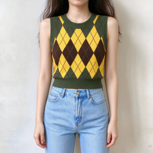 Model wearing argyle knit cropped vest with jeans, front view