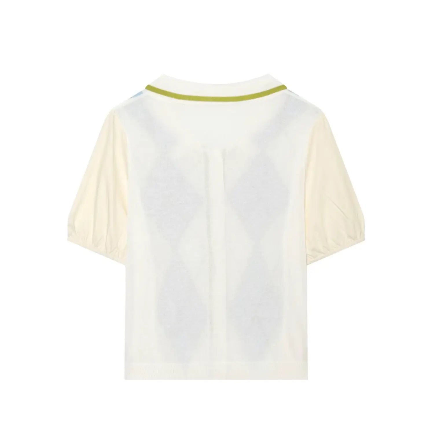 Full back flat lay of preppy argyle knit top, solid white sheer knit back panel, green contrast collar trim, cream elastic cuff puff sleeves