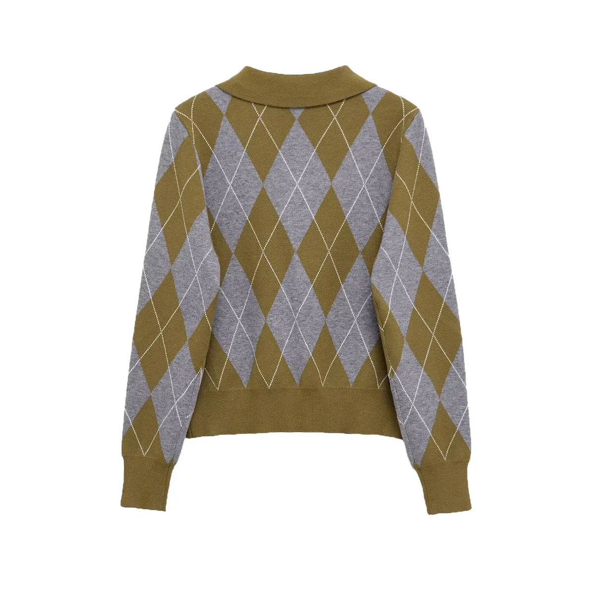 Back flat lay of argyle polo collar button cropped sweater