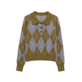 Front flat lay of argyle polo collar button cropped sweater