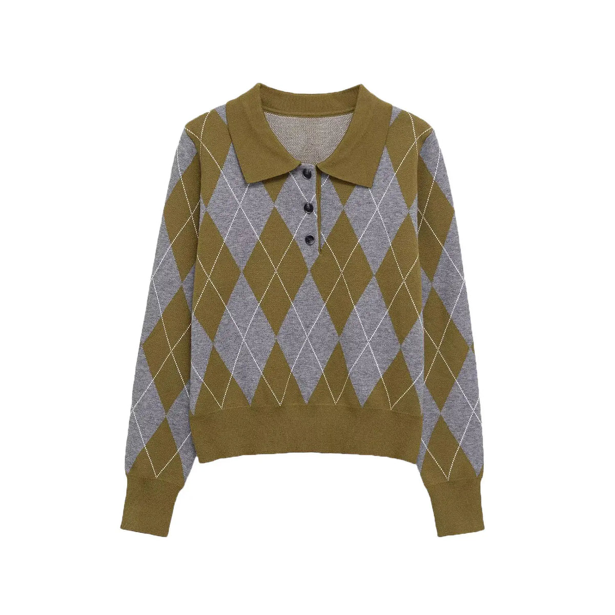 Front flat lay of argyle polo collar button cropped sweater
