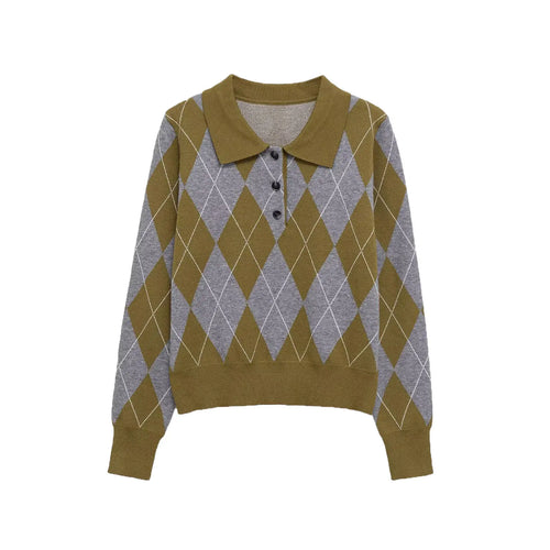 Front flat lay of argyle polo collar button cropped sweater