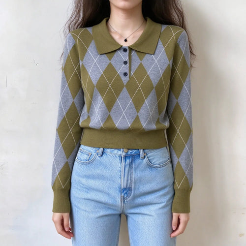 Model wearing argyle polo collar button cropped sweater, front view