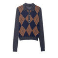 Front flat lay of argyle polo collar button sweater