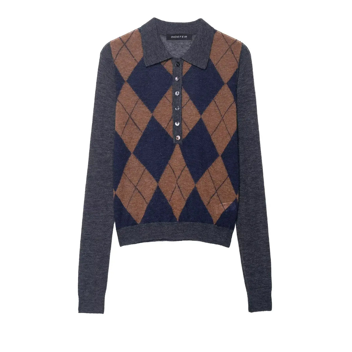 Front flat lay of argyle polo collar button sweater