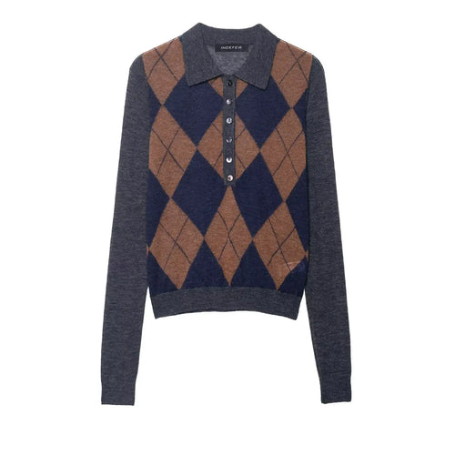 Front flat lay of argyle polo collar button sweater