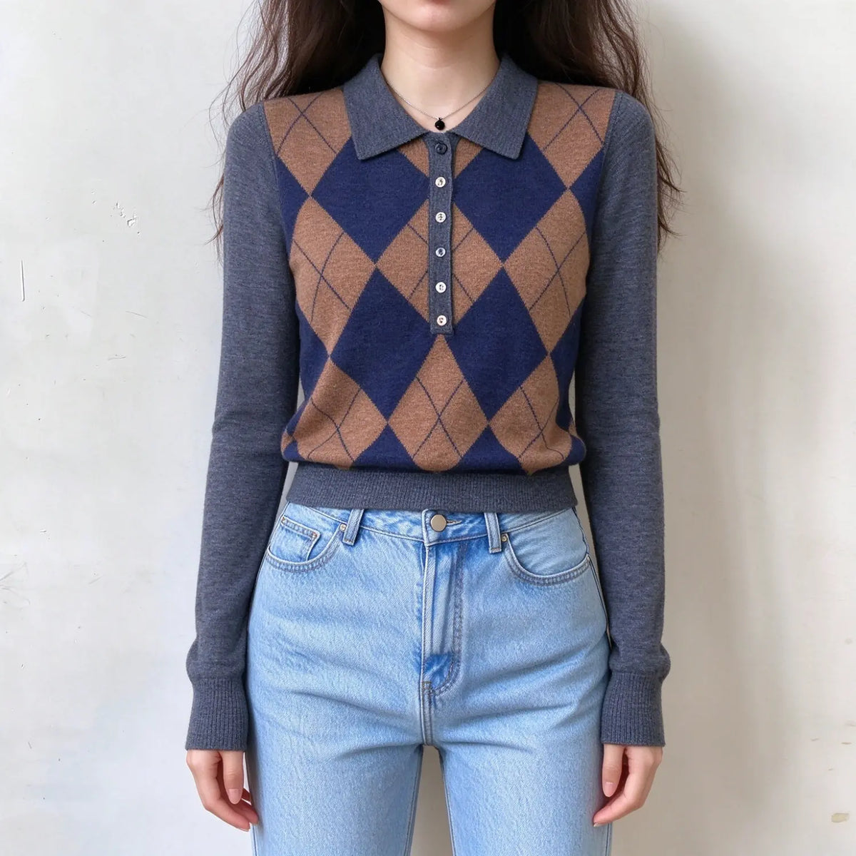 Model wearing argyle polo collar button sweater, front view