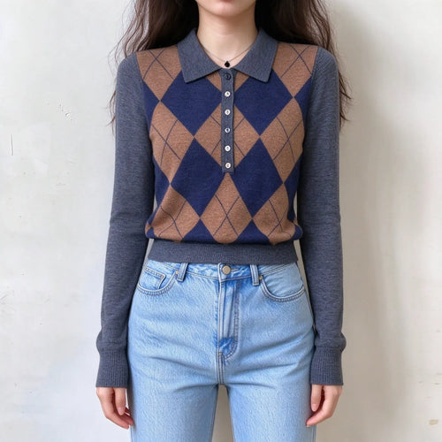 Model wearing argyle polo collar button sweater, front view