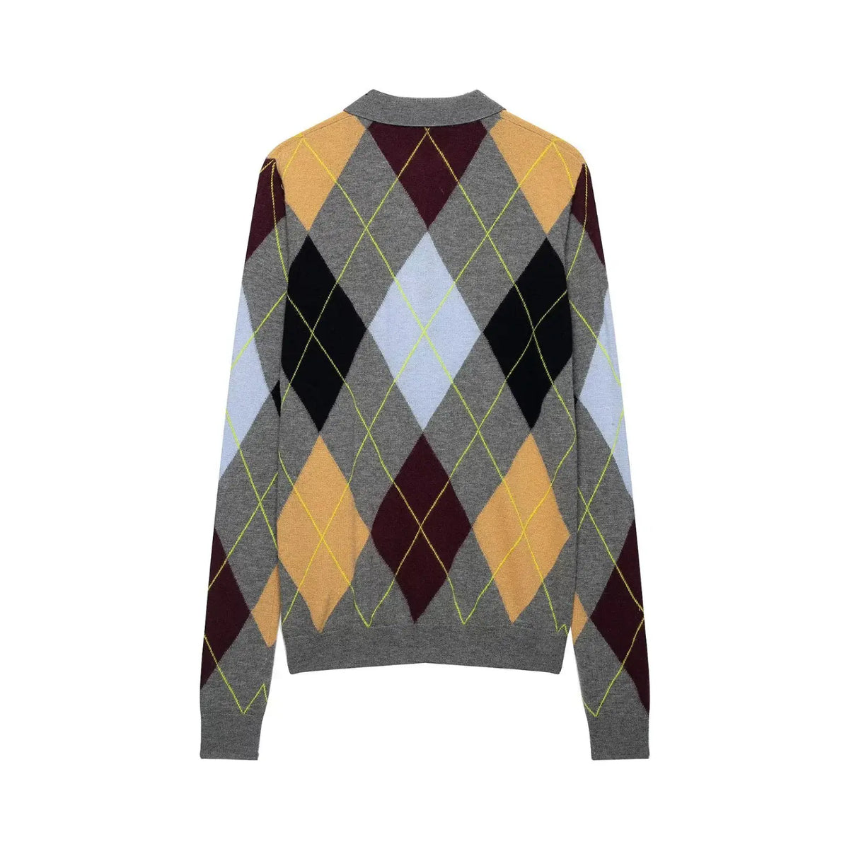 Back view of grey argyle knit sweater with polo collar and ribbed cuffs
