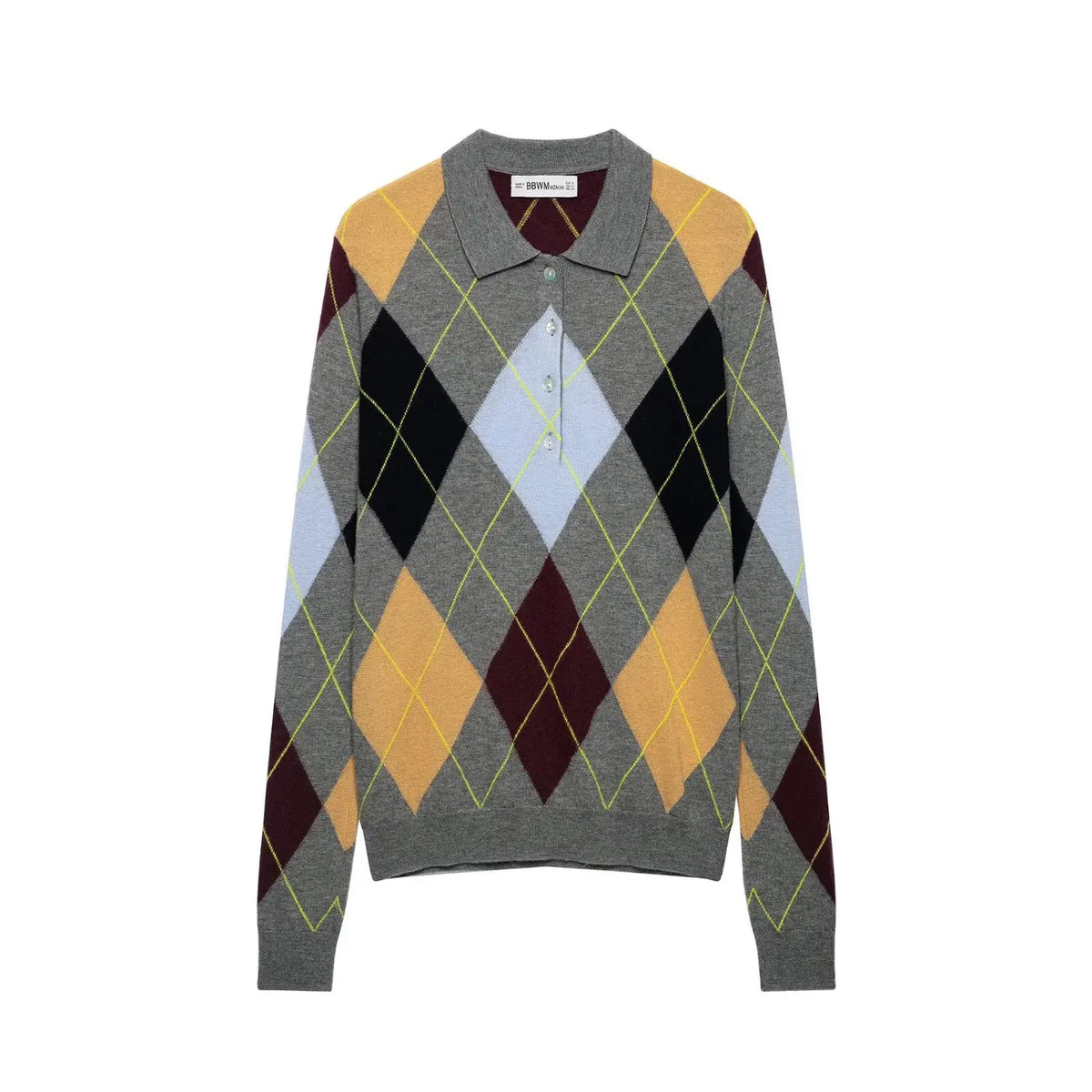 Front view of grey argyle print knit sweater with polo collar and pearl buttons on white background