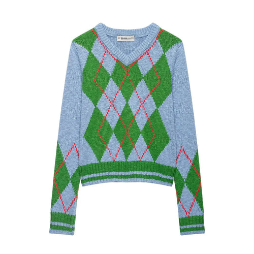 Argyle v neck knit sweater, front flat lay