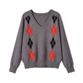 Grey argyle V neck knit sweater, front flat lay