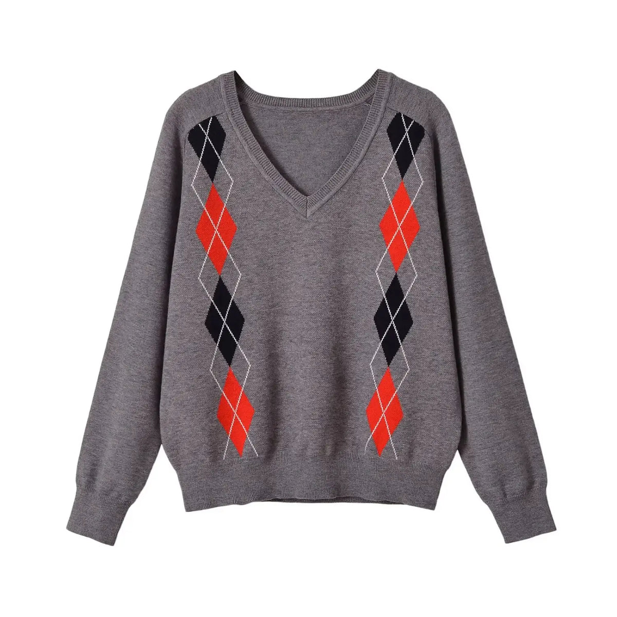 Grey argyle V neck knit sweater, front flat lay