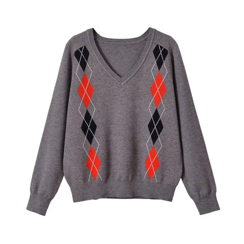 Grey argyle V neck knit sweater, front flat lay